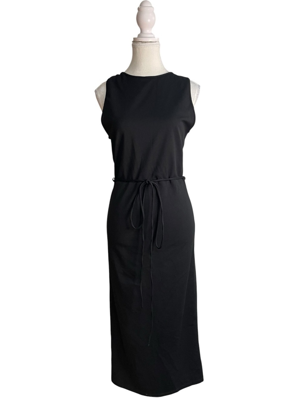 Zara Contrasting Mesh Back Sleeveless Midi Dress with Waist Tie Black